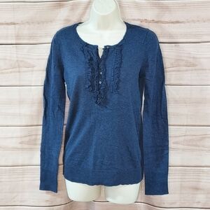 GAP henley sweater ruffle cashmere blend long sleeve blue heather S